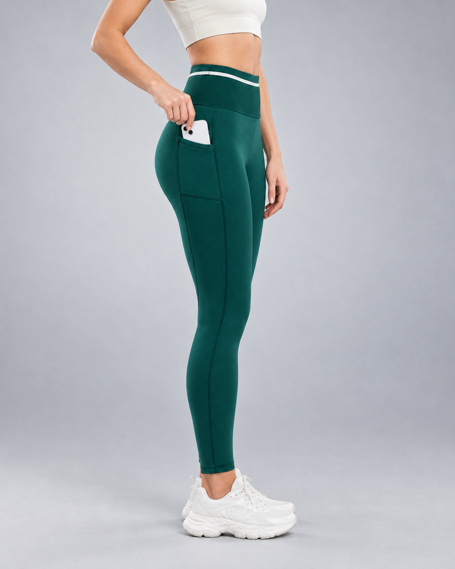 Women's Pro Winter Running Tight in Forest Teal, Side thigh pocket holding a phone