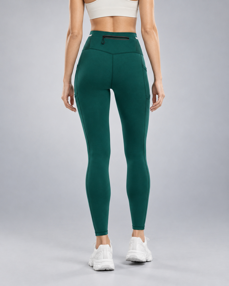 Women's Pro Winter Running Tight in Forest Teal, Back zip pocket