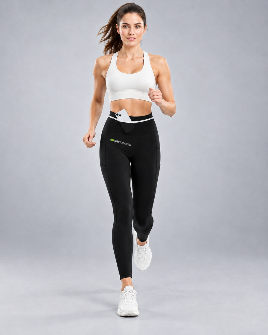Women's Pro Winter Running Tight in Black, Full look, front waistband phone pocket