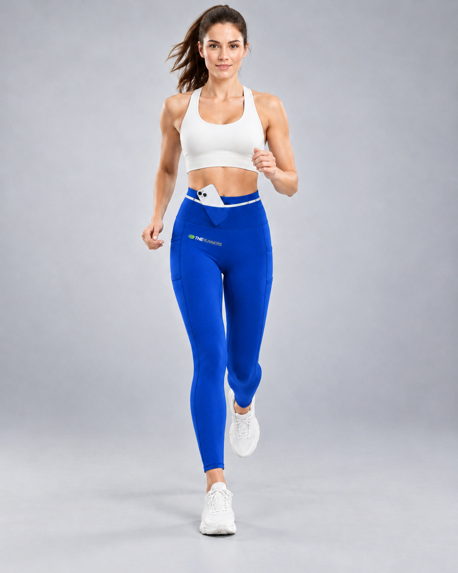 Women's Pro Winter Running Tight in Cobalt Blue, Full look, front waistband phone pocket