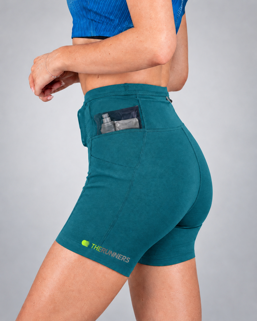 Women's Pro Running Short in Verdigris, Waistband pockets