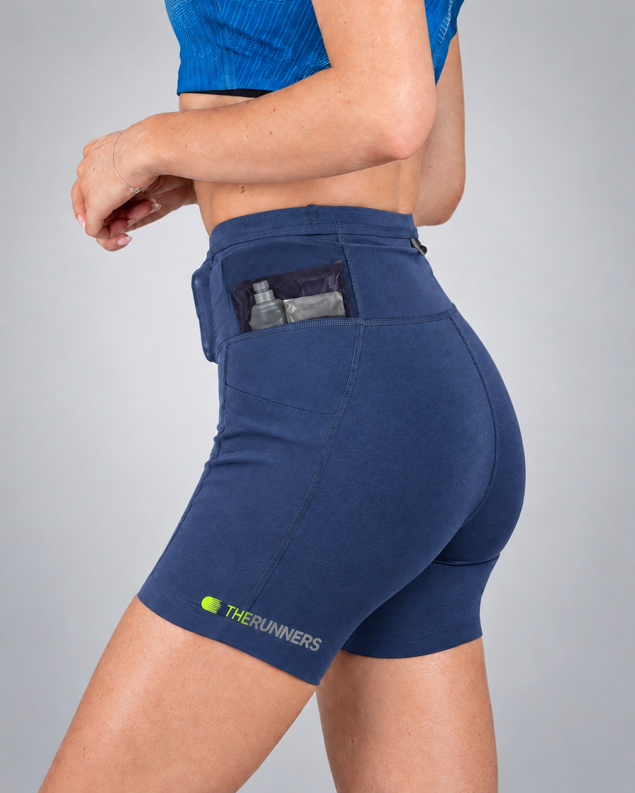 Women's Pro Running Short in Prussian Blue, Waistband pockets