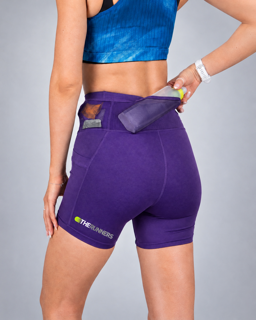 Women's Pro Running Short in Royal Purple, Back waistband phone sleeve