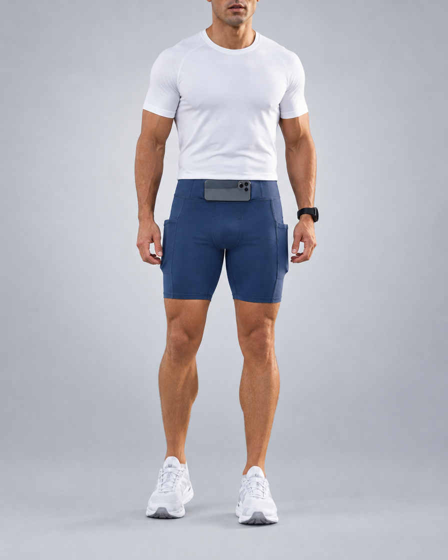 Short de running Pro homme en Bleu de Prusse, Vue complète, poche téléphone dans la ceinture