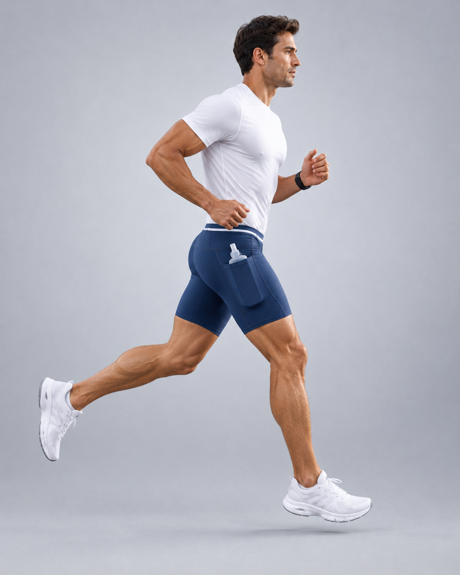 Short de running Pro homme en Bleu de Prusse, Poche latérale avec flasque souple