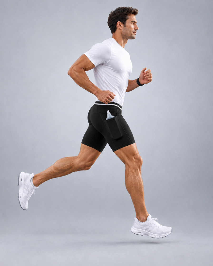 Short de running Pro homme en Noir, Poche latérale avec flasque souple