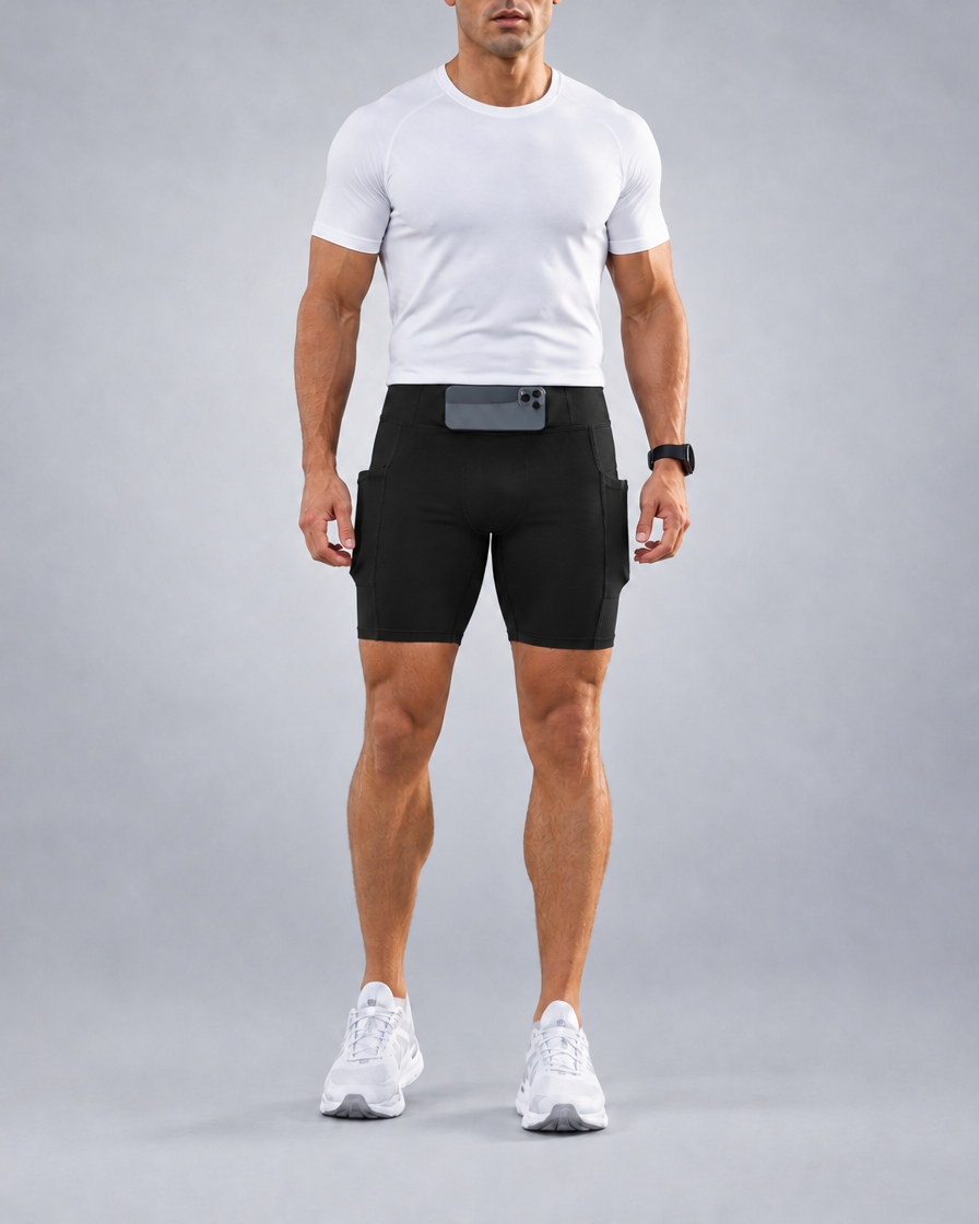 Short de running Pro homme en Noir, Vue complète, poche téléphone dans la ceinture