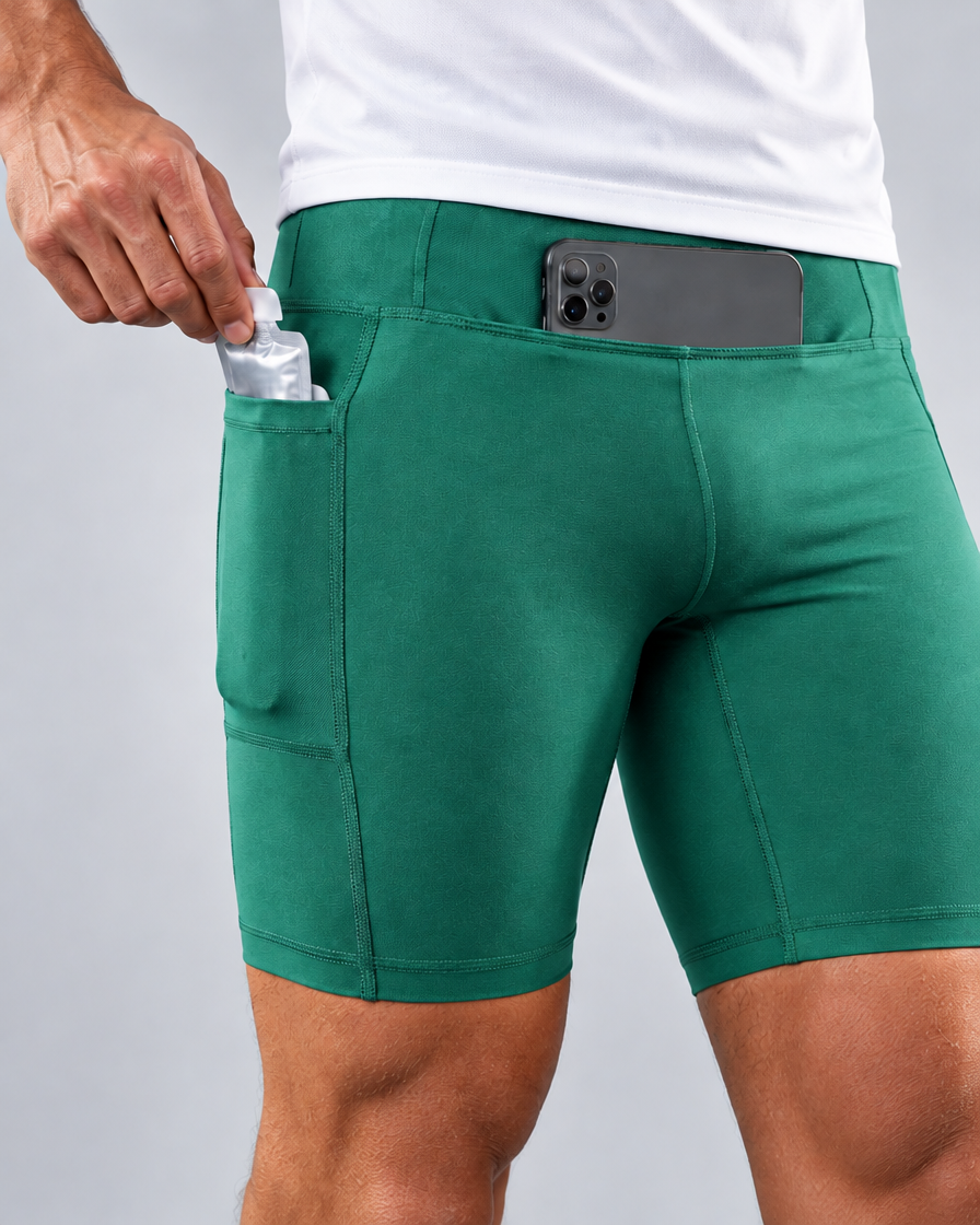 Short de running Pro homme en Vert forêt, Poches utilisées