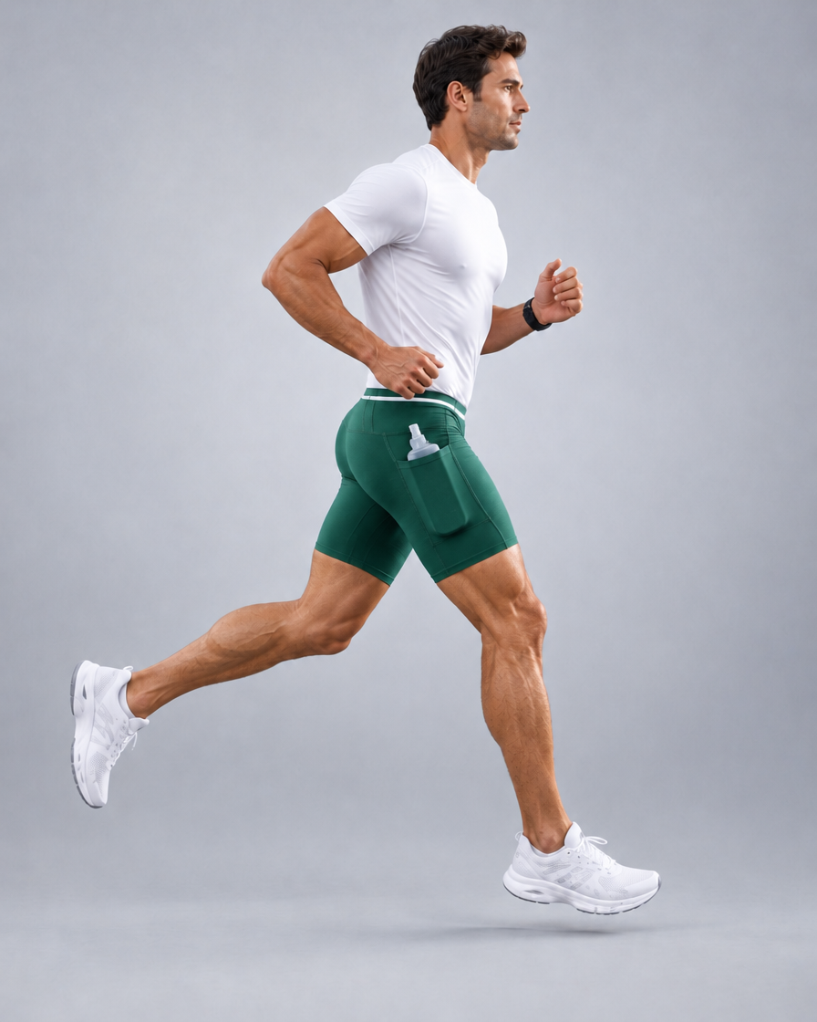 Short de running Pro homme en Vert forêt, Poche latérale avec flasque souple