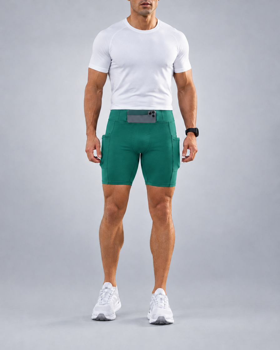 Short de running Pro homme en Vert forêt, Vue complète, poche téléphone dans la ceinture