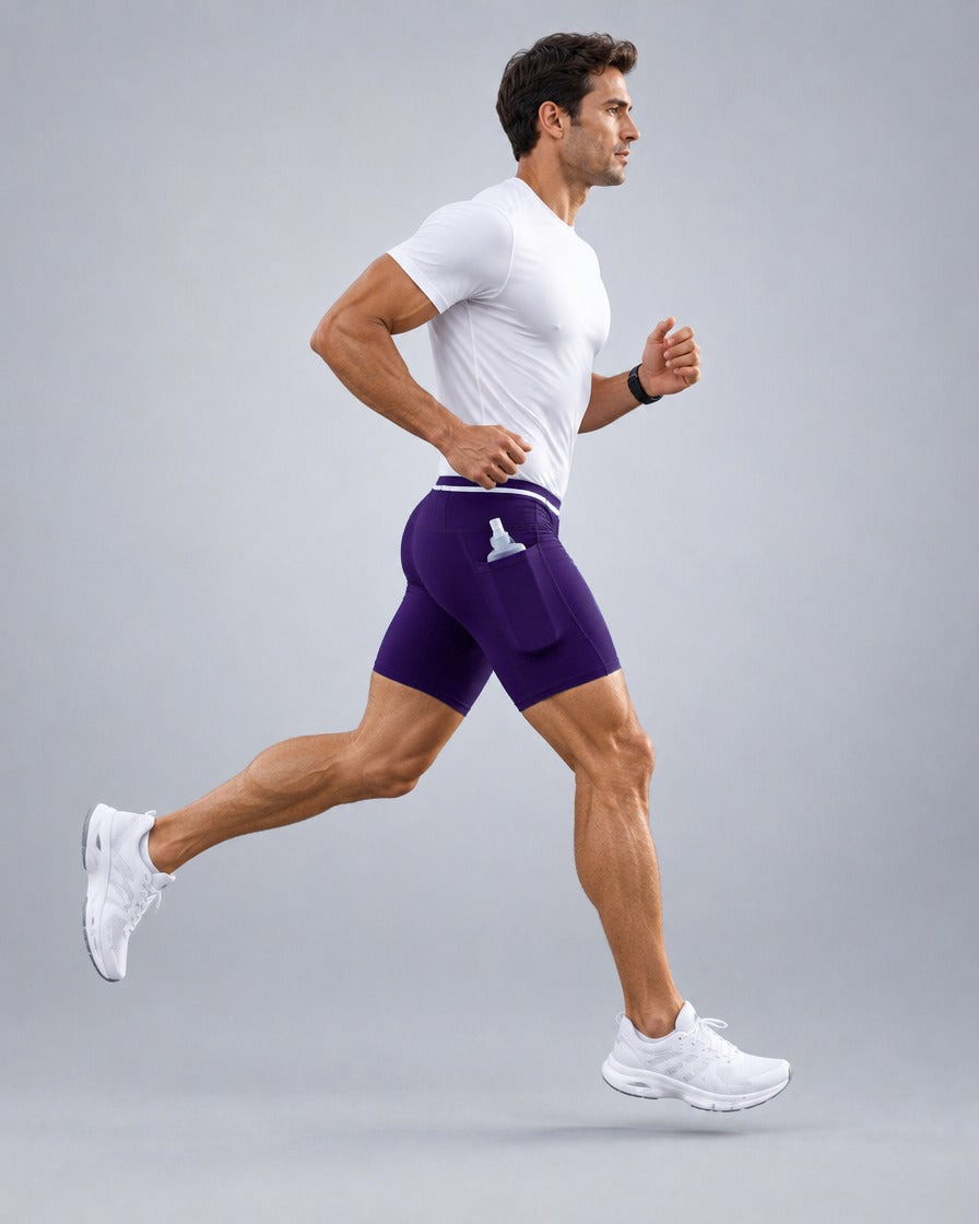 Short de running Pro homme en Violet royal, Poche latérale avec flasque souple