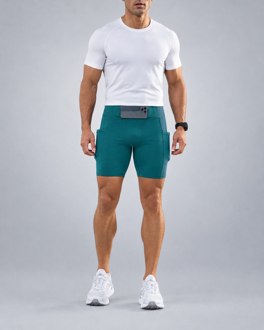 Short de running Pro homme en Vert-de-gris, Vue complète, poche téléphone dans la ceinture