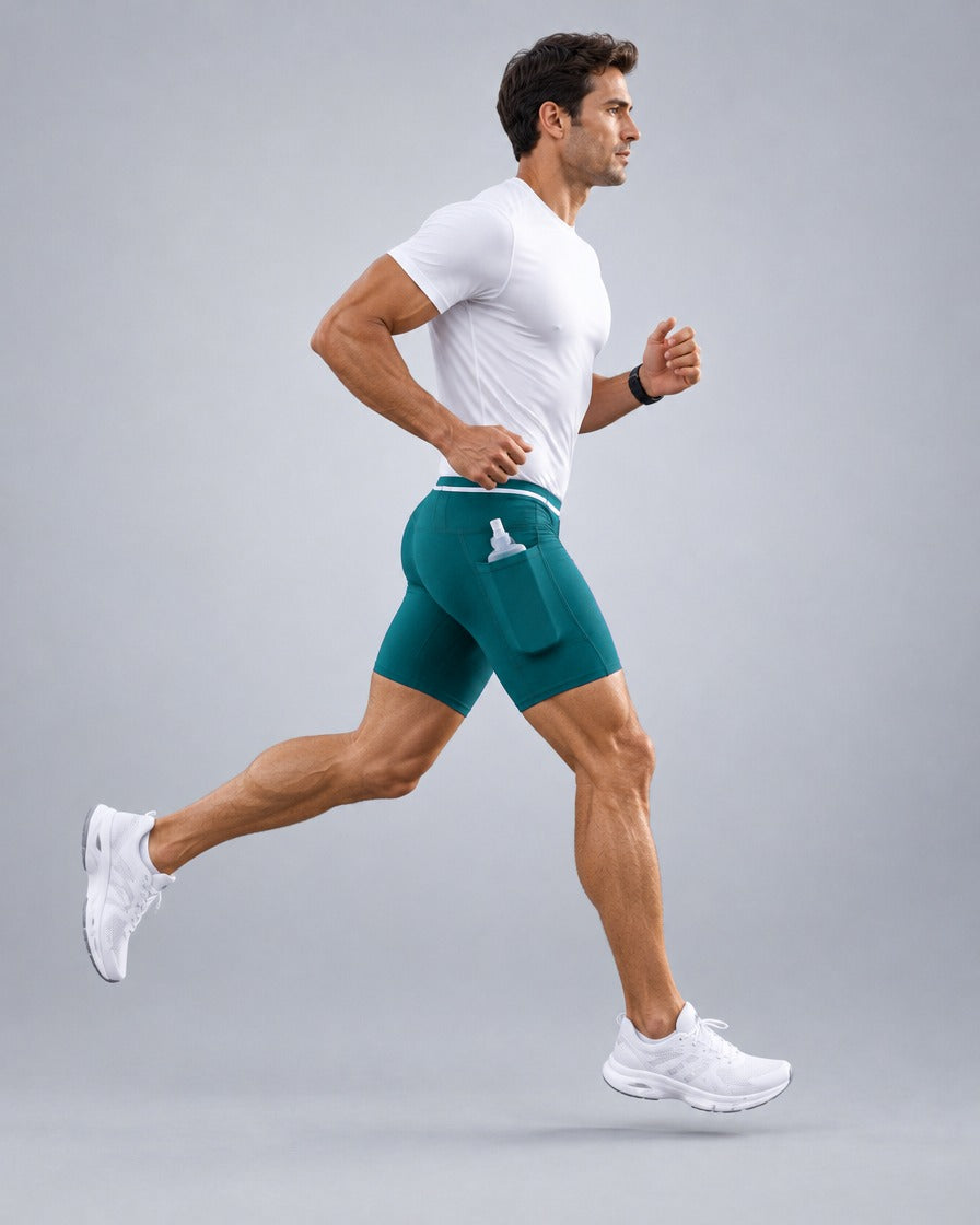 Short de running Pro homme en Vert-de-gris, Poche latérale avec flasque souple